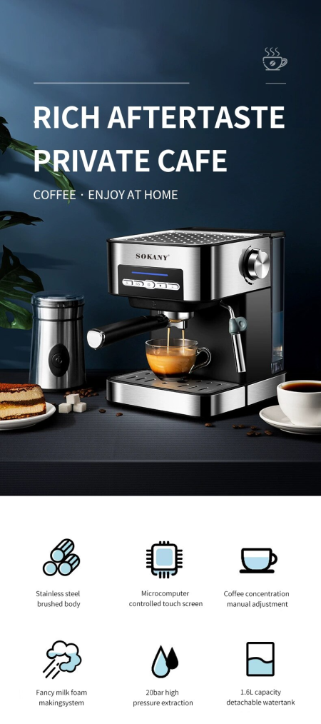 Sokany 6862 Semi-Automatic Portable 15 Bar Espresso Coffee Machine ...