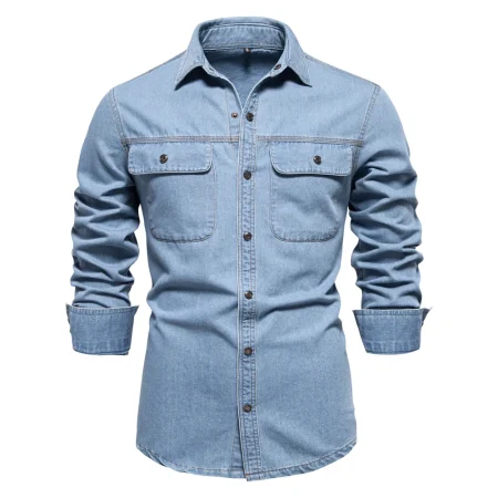 AIOPESON Brand New Mens 100% Cotton Denim Shirts Double Pocket Casual Cowboy Mens Shirts Long Sleeve Autumn Jeans Shirts for Men 1