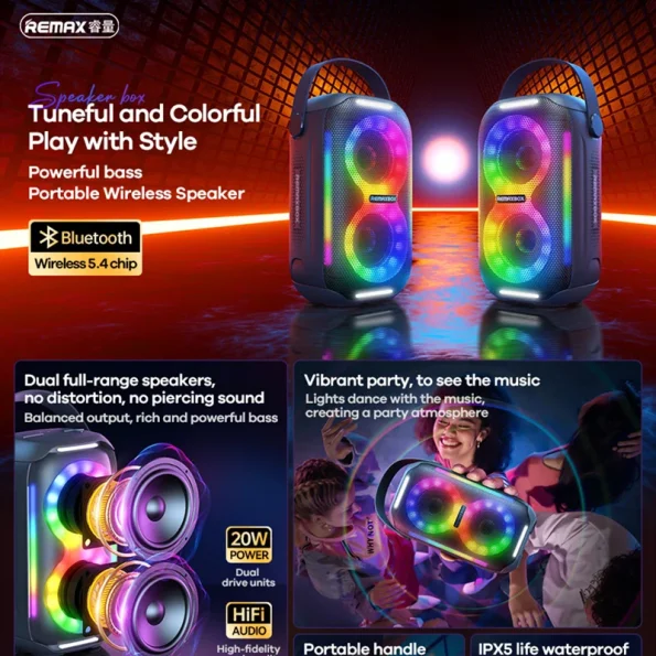 REMAX Portable Wireless Speaker Party LED Light 20W Power Bluetooth 5.4 ...