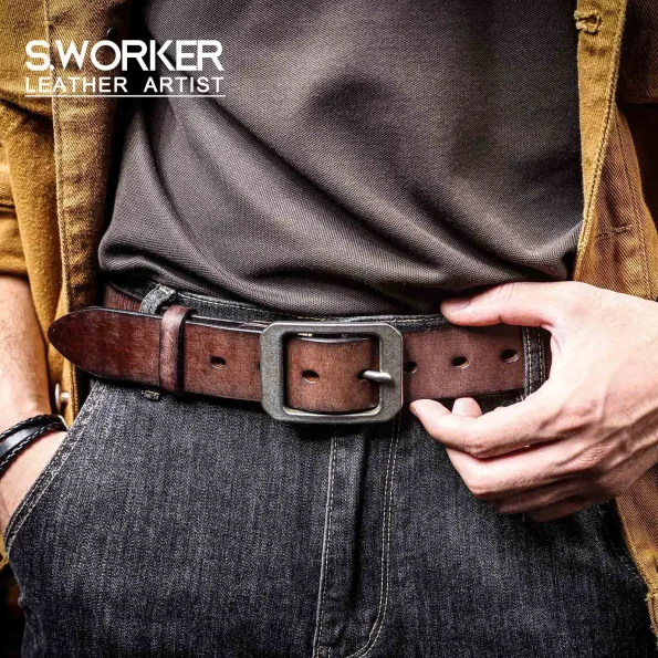 S.Worker Genuine Leather Men's Cowhide Belts Stainless Steel Buckle, Italian Thickened Leather, Ideal Choice For Gift