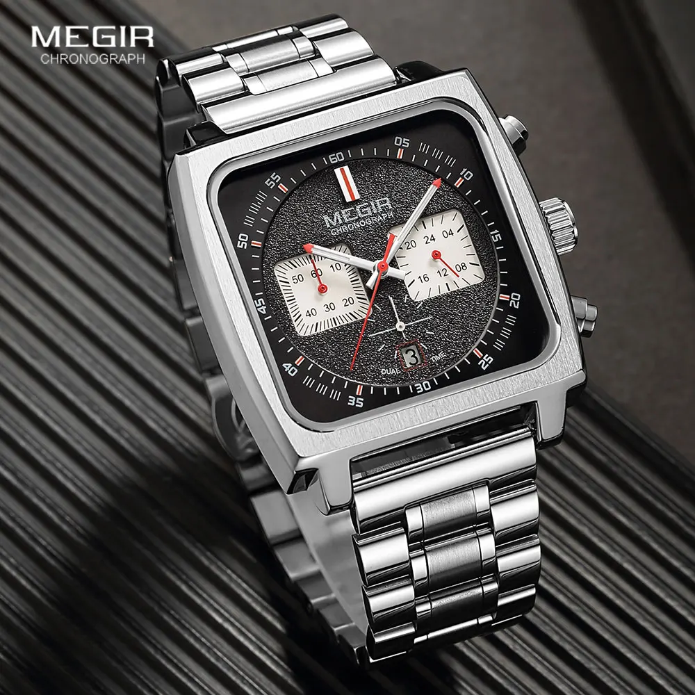 Megir Square Dial Quartz Watch Men Stainless Steel Strap