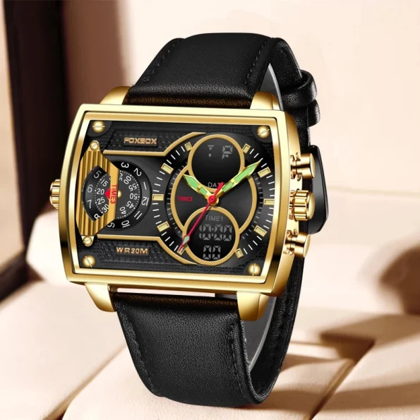 FOXBOX Men’s Dual Display Watch – Square Military Leather Sports Watch, 5Bar Waterproof, Luminous Chronograph