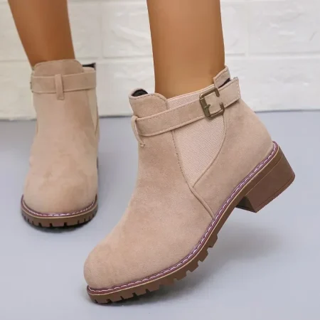 Women's Retro Flat Buckle Ankle Boots, Slip-On Casual Low Heel Fabric Shoes with Round Toe TPR Sole