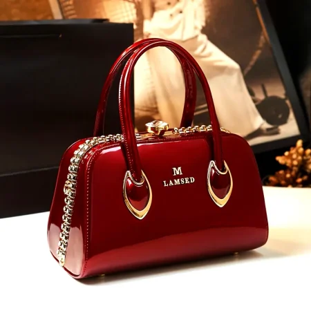 Elegant Classic Satchel Bag M.LAMSED - Rhinestone Embellishments, Golden-Tone Accents, Glossy Finish