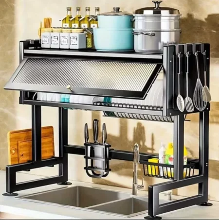Over-the-Sink Dish Drying Rack with Storage Shelves, Utensil Holders, Knife Block & Drainboard Cover – Space-Saving Kitchen Organizer Stand