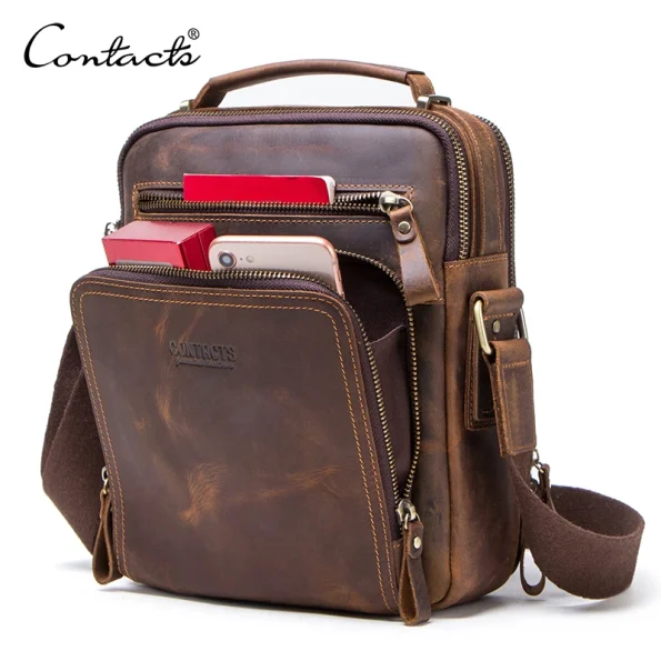Contact's Genuine Crazy Horse Leather Messenger Bag Men Vintage Crossbody Shoulder Sling Bag Large Capacity