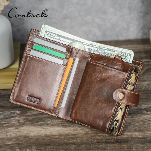 Contact's Men Leather Bifold Wallet Coin Purse Card Holder Hasp Closure Short Wallet Full Grain