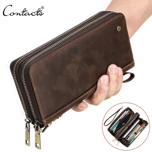 Contact's Leather Men’s Long Wallet Clutch Bag Double Zipper Card Holder Phone Wallet Large Capacity Vintage Style